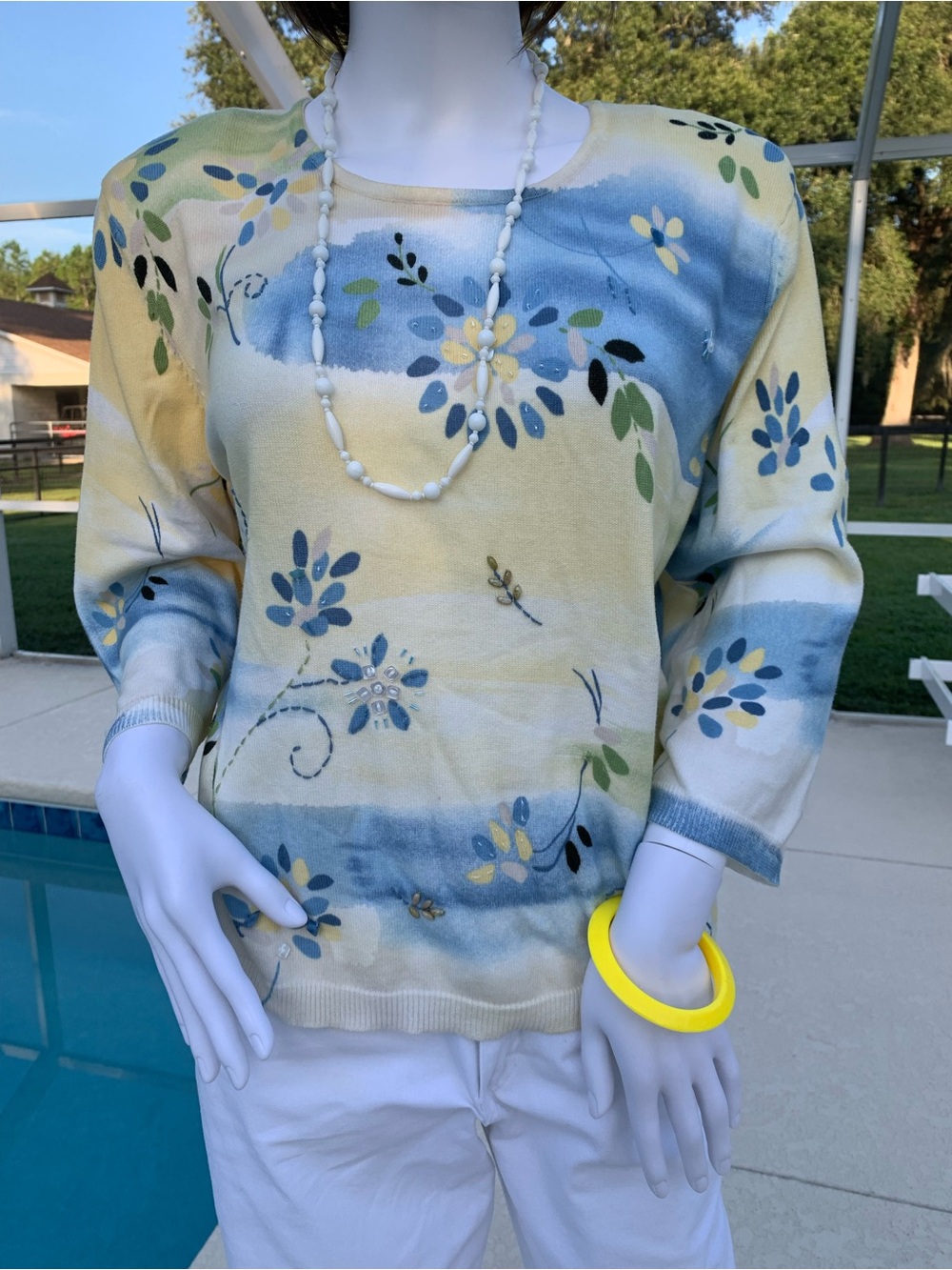 Koret Cream and Sky Blue Floral Knit Top